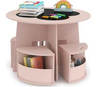 COSTWAY Ensemble table et chaise pour enfants 5 pièces, table ronde pour jeunes enfants avec tabourets de rangement, ensemble de sièges pour enfants peu encombrant rose
