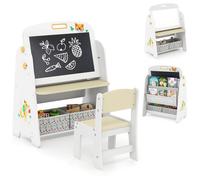 COSTWAY Ensemble Table et Chaises 4 en 1 pour Enfants - Chevalet d'Art et Étagère avec Tableau Blanc et Tableau Noir Magnétiques