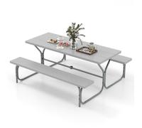 COSTWAY Ensemble Table et Chaises de Jardin pour 8 Personnes, Trou pour Parasol, Table de Pique-Nique avec 2 Bancs, Gris