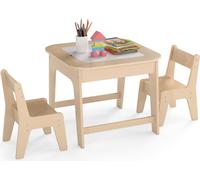 COSTWAY Ensemble table et chaises pour enfants, table à dessin pour jeunes enfants avec plateau double face, espace de rangement caché & nature + blanc