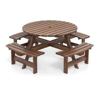 Costway Ensemble Table Ronde Et Chaises De Jardin, 8 Personnes, Table De Pique-Nique Avec 4 Bancs, Trou Pour Parasol De 5cm, Marron Multicolore