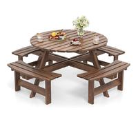 COSTWAY Ensemble Table Ronde et Chaises de Jardin, 8 Personnes, Table de Pique-Nique avec 4 Bancs, Trou pour Parasol de 5cm, Marron