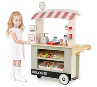 COSTWAY Epicerie Enfant en Bois avec 30 PCS Accessoires, Marchande Enfants avec Auvent Supérieur & Poignée de Poussée, Motif d’Aliments Mignons, Jouet d'Imitation pour Enfants de 3 Ans+ (Vert)
