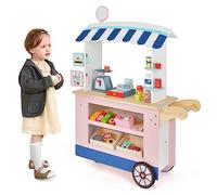 COSTWAY Epicerie Enfant en Bois avec 30 PCS Accessoires, Marchande Enfants avec Auvent Supérieur & Poignée de Poussée, Motif d’Aliments Mignons, Jouet d'Imitation pour Enfants de 3 Ans+