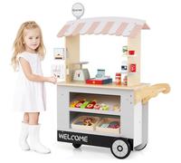 COSTWAY Epicerie Enfant en Bois avec 30 PCS Accessoires, Marchande Enfants avec Auvent Supérieur & Poignée de Poussée, Motif d’Aliments Mignons, Jouet d'Imitation pour Enfants de 3 Ans+ (Gris)