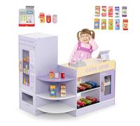 COSTWAY Épicerie Enfants en Bois avec 13 Accessoires & Distributeur Automatique, Marchande Enfants avec Caisse Enregistreuse Réaliste & 5 Étagères, Jeu d’Imitation pour Enfants de 3-8 Ans