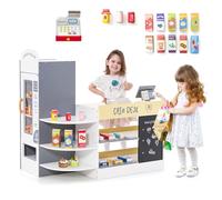 COSTWAY Épicerie Enfants en Bois avec 15 Accessoires & Distributeur Automatique, Marchande Enfants avec Caisse Enregistreuse Réaliste & Tableau Noir, Jeu d’Imitation pour Enfants de 3-8 Ans (Blanc)