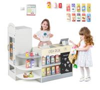 COSTWAY Épicerie Enfants en Bois avec 15 Accessoires & Distributeur Automatique, Marchande Enfants avec Caisse Enregistreuse Réaliste & Tableau Noir, Jeu d’Imitation pour Enfants de 3-8 Ans (Gris)