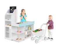 COSTWAY Épicerie Enfants en Bois avec 39 Accessoires & Lumières LED & Chariot, Stand de Supermarché avec Caisse Enregistreuse Réaliste & Tableau Noir, Marchande pour Enfants de 3 Ans+