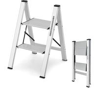 COSTWAY Escabeau 2 marches, Aluminium Escabeau pliant jusqu'à 150 kg, Escabeau pliable & antidérapant, Escabeau Tabouret de Marche, pour la maison Bureau Garage, Argent (2 marches)