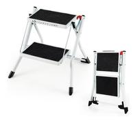 COSTWAY Escabeau 2 Marches Largie Pliant Cadre Métallique Lourd Pédale Antidérapante 50 x 49 x 45 cm Capacité 150 kg Noir + Blanc