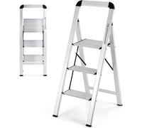 COSTWAY Escabeau 3 marches, Aluminium Escabeau pliant jusqu'à 150 kg, Escabeau pliable & antidérapant, Escabeau Tabouret de Marche, pour la maison Bureau Garage, Argent (3 marches)