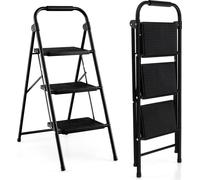 COSTWAY Escabeau 3 marches, Escabeau pliant jusqu'à 150kg, Escabeau pliable, Escabeau avec main courante antidérapante & plateforme, Escabeau de ménage en métal, pour la maison Bureau Garage, Noir