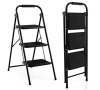 COSTWAY Escabeau 3 Marches Pliant Largie Cadre Métallique Lourd Pédale Antidérapante 64x39x90 cm avec Poignée Capacité 150 kg Noir