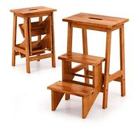 COSTWAY Escabeau à 3 Marches, Marchepied Antidérapant et Large, 3 en 1 en Bois d'Hévéa pour la Maison et le Garage, Café