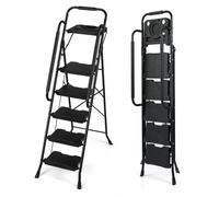 COSTWAY Escabeau Métallique 5 Marches avec Plateau Porte-Outils, Échelle Pliante avec Pédales Larges Antidérapantes Patins Main Courante pour Maison Cuisine Bureau