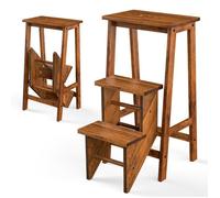 COSTWAY Escabeau Pliable - 3 Marches Convetible à Tabouret en Bois d'Hévéa Portable 57 X 41 X 76 CM (L x l x H) Marron Caire