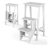 COSTWAY Escabeau Pliable - 3 Marches Convetible à Tabouret en Bois d'Hévéa Portable 57 X 41 X 76 CM (L x l x H) Marron Blanc