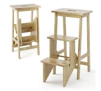 COSTWAY Escabeau Pliable - 3 Marches Convetible à Tabouret en Bois d'Hévéa Portable 57 X 41 X 76 CM (L x l x H) Naturel