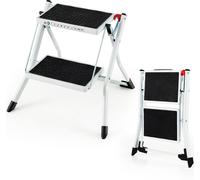 COSTWAY Escabeau pliant 2 marches, Escabeau pliable, largeur 20 cm, charge max. 150 kg, Escabeau pliant avec poignée & pédale antidérapante, Escabeau de ménage pour maison Bureau Garage, Métal, Blanc