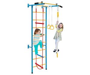 COSTWAY Espalier Mural pour Enfants 5 en 1 avec Échelle Murale, Barre de Traction, Échelle de Corde,Corde et Anneaux de Gymnastique pour 3+ Ans (Jaune, 223x107x84 cm)