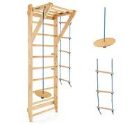 COSTWAY Espalier Suédois en Bois avec Charge Max 100KG pour Adultes, Échelle de Gym Multifonctionnel avec Barre de Traction Amovible Trapèze Rond, pour Maison Salles de Sport