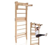 COSTWAY Espalier Suédois en Bois de Pin avec Charge Max 100KG pour Adultes, Échelle de Gym Multifonctionnel avec Barre de Traction Amovible 80X48X195CM pour Maison Salles de Sport
