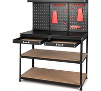 COSTWAY Établi avec tableau à fiches, table de travail de garage de 121 cm de long avec tiroirs, étagères et 25 accessoires suspendus, station d'artisanat jusqu'à 435 kg