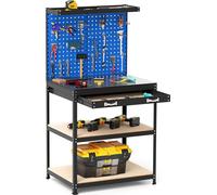 COSTWAY Etabli Table de travail jusqu'à 225kg avec paroi perforée, tiroirs, étagères & 20 crochets de suspension, banc d'outillage 81x41x156 cm Bleu