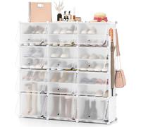 COSTWAY Etagère à chaussures avec 12 compartiments & crochets latéraux, armoire à chaussures en plastique pour 48 paires de chaussures & bottes, organiseur à chaussures, support à chaussures, blanc