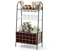 COSTWAY Étagère à vin pour 18 bouteilles, avec 5 supports à verres à vin et 2 étagères, 110 cm, pour cuisine, cave, bar, marron rustique, 63 x 32 x 114,5 cm