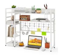 COSTWAY Étagère de Bureau, Bibliothèque Étagère à 4 Niveaux avec Panneau à Grille Métallique et 6 Crochets, Organisateur pour Moniteurs d'Ordinateur jusqu'à 32", pour Bureau, Dortoir (Blanc)