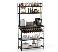 COSTWAY Étagère de Cuisine à 6 Niveaux, Support pour Micro-Ondes Autoportant, Porte-Bouteille de Vin Incliné, 2 Étagères en Maille, Style Industriel, Charge 55 kg, pour Cuisine, Marron Rustique