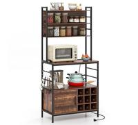 COSTWAY Étagère de Cuisine avec Prises de Courant, Armoire de Bar à Café avec Crochets, Porte-Bouteilles de Vin, Cadre en Métal Robuste, Support pour Micro-Ondes, pour Cuisine (Brun Rustique)