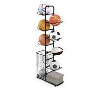 COSTWAY Étagère de Rangement pour Balles à 7 Niveaux, Support de Basket-Ball en Métal avec 7 Tiges Amovibles et Panier Latéral, Organisateur d'Équipement Sportif pour Garage, Noir