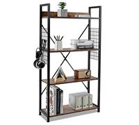 COSTWAY Étagère Industrielle à 4 Niveaux, Bibliothèque Multifonctionnelle avec Crochets en Forme de S, Dispositif Anti-Basculement, Patins et Étagère Réglables, pour Salon, Bureau, Marron Rustique