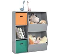 COSTWAY Étagère pour enfants à 3 étages avec 2 paniers supplémentaires, étagère moderne au sol pour livres, jouets, poupées, étagère de rangement à 5 compartiments, pour chambre d'enfant, salon (Gris)
