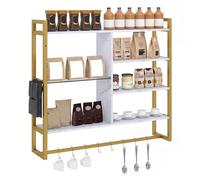 COSTWAY Étagères Flottantes 107 cm, Étagère Murale Suspendue avec Étagères en Verre Trempé, 8 Crochets en S et Poche Latérale Amovible, Présentoir de Cuisine, Bar à Café, Salon (Blanc)