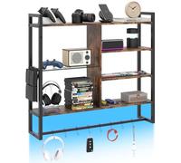 COSTWAY Étagères Flottantes 107 cm, Étagère Murale Suspendue avec Étagères en Verre Trempé, 8 Crochets en S et Poche Latérale Amovible, Présentoir de Cuisine, Bar à Café, Salon (Noir avec LED)