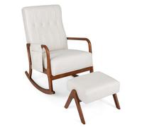 COSTWAY Fauteuil à Bascule avec Repose-Pieds, Siège Rembourré en Tissu avec Dossier Capitonné, Structure en Bois d'Hévéa Naturel, Poche Latérale, pour Salon, Chambre, Beige