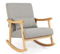 COSTWAY Fauteuil a Bascule, Chaise à Bascule Rembourrée avec Dossier Haut et Coussin de Siège Rembourré, Cadre en Bois d'Hévéa Naturel, Oreiller Lombaire Doux, pour Salon, Chambre (Gris)