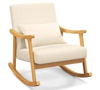 COSTWAY Fauteuil a Bascule, Chaise à Bascule Rembourrée avec Dossier Haut et Coussin de Siège Rembourré, Cadre en Bois d'Hévéa Naturel, Oreiller Lombaire Doux, pour Salon, Chambre (Beige)