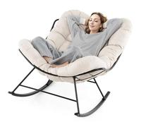 COSTWAY Fauteuil a Bascule d'Intérieur et d'Extérieur, Chaise Papasan Surdimensionnée avec Coussin Rembourré, Cadre en Métal, Fauteuil Œuf pour Salon, Patio, Capacité 205 kg (Beige)