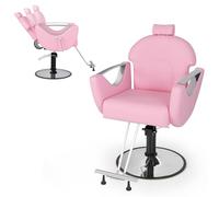 COSTWAY Fauteuil de Coiffure Hydraulique Rotative à 360°, Chaise de Salon Barbier Inclinable avec Hauteur et Appui-tête Réglables Accoudoirs Charge 150KG, pour Salon de Beauté (Rose)