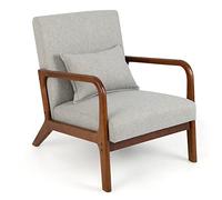 COSTWAY Fauteuil de Salon 1 Place, Fauteuil Relax Rembourré avec Coussin Lombaire, Cadre en Bois Massif de Caoutchouc & Patins Antidérapants, Fauteuil de Lecture pour Bureau, Charge 150 KG(Gris)