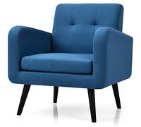 COSTWAY Fauteuil de Salon Rembourré, Fauteuil Scandinave avec Pied en Bois Massif d'Hévéa, Chaise d'Appoint en Tissu de Lin, Canapé 1 Place, pour Chambre, Bureau, Salle d’Étude, Charge 120 KG (Bleu)