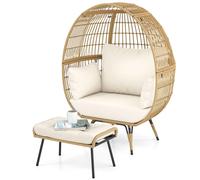 COSTWAY Fauteuil en osier poly rotin avec pouf, fauteuil de jardin surdimensionné avec coussin et structure métallique, fauteuil en rotin XXL, fauteuil lounge Beige