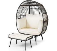 COSTWAY Fauteuil en rotin avec pouf, fauteuil de jardin surdimensionné avec coussin et structure métallique, fauteuil en rotin, fauteuil lounge pour balcon jardin terrasse