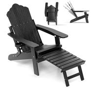 COSTWAY Fauteuil Jardin Exterieur, Chaise Adirondack Pliable, Repose-Pieds Rétractable, Dossier Réglable, Porte-gobelet, Chaise Longue HIPS pour Jardin Terrasse, 119 × 78 × 81 cm, Charge 180 kg, Noir