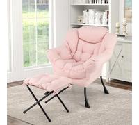 COSTWAY Fauteuil Salon Scandinave avec Repose-Pieds en Sherpa, Oreiller et Poche Latérale, pour Lecture, Cadre en Métal pour Charger 150 KG (Rose)